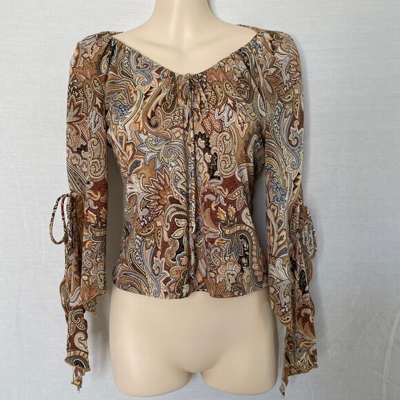 Multicolored Bodycon Boho Top with Ties & Tapered Split Sleeves – Sz S - Picture 13 of 15